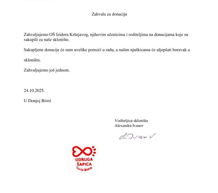 Zahvala za humanitarnu akciju “Pomozimo napuštenim životinjicama”